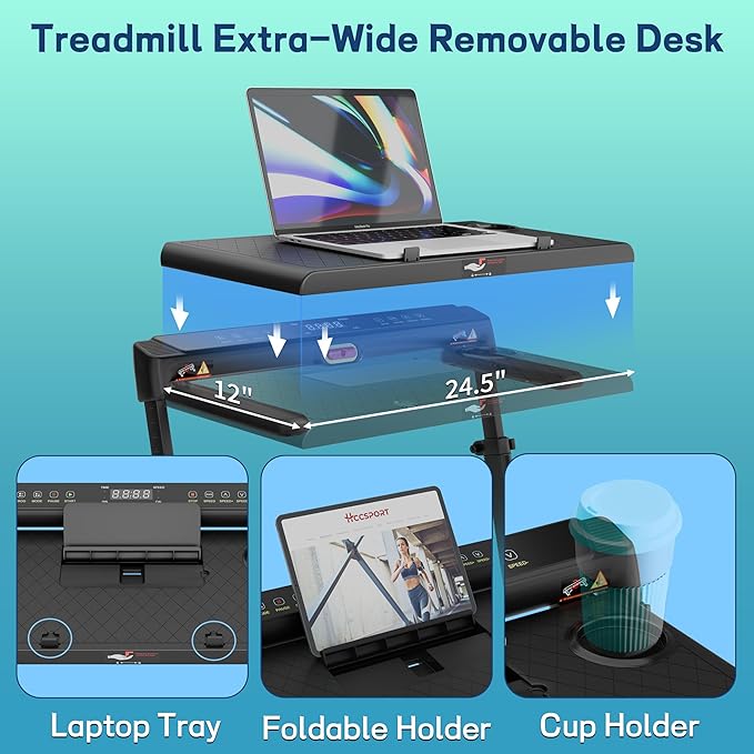 Foldable Treadmill with Incline Treadmill with Home Removable Desk Workstation 3 in 1 Folding Small Compact Walking Treadmills 300 Lbs Capacity for Home Office