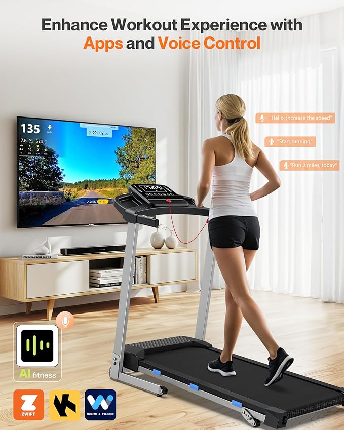 Foldable Treadmill with Incline, 350 LBS Capacity, 3.0HP Quiet Running Treadmills for Home, Incline Treadmill with Pulse Sensor and Bluetooth Speaker, Wide Belt, App & Voice Control, 7.6 MPH