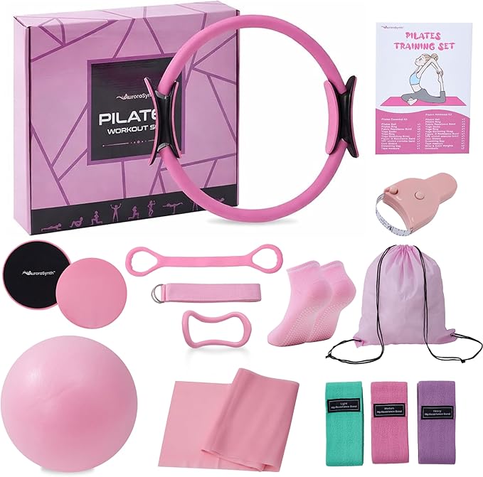 Pilates Equipment, Pilates Kit for Home Workouts, Pilates Ring and Ball Set for Women With 14.5" Pilates Ring, Ball, Resistance Bands, Sliders, Yoga Strap & Ring, Socks, Measure Tape, Stretch Band Bag