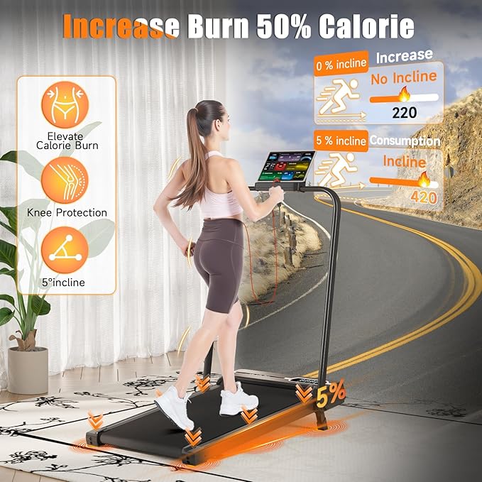 Incline Walking Pad with Handle Bar, Foldable Portable Under Desk Treadmill for Home Office, Ultra Quiet <45dB, Safety Lock, 300+ LB Capacity