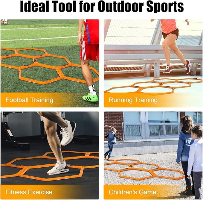 Hex Agility Rings Set of 6/12 Rings for Speed & Agility Footwork Training, Hexagon Ladder with Fitness Equipment Sport Workout Home Gym, Kids and Adults (Orange)