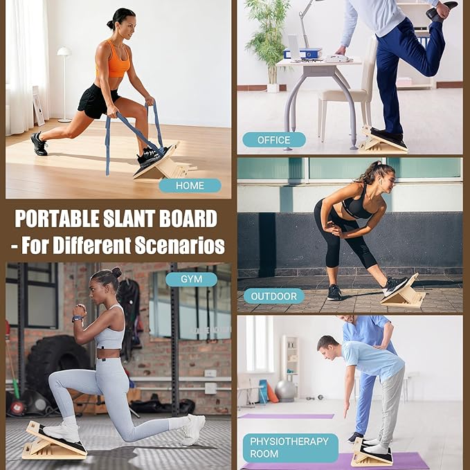 Slant Board for Calf Stretching, Adjustable Wooden Calf Stretch Board with Stretch Strap & Training Poster, 300 Lbs Weight Capacity Velour Board for Calf Ankle Achilles Physical Therapy Leg Exercisers