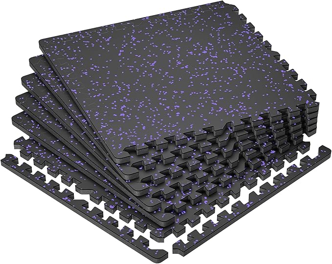 SUPERJARE 0.79'' Extra-Thick Exercise Equipment Mats, 6 Pcs 24 Sq Ft Rubber Top Floor Tiles with High Density EVA Foam, Interlocking Gym Flooring for Home Gym, Protective Workout Mat, Black/Purple