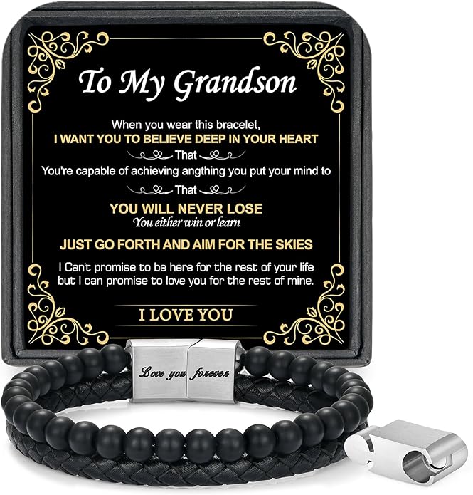 LUXEJEW Gifts for Men - Beaded Leather Bracelet 6mm Matte Agate Stone Bracelets for Men Dad Son Husband Boyfriend Grandpa Grandson Brother Uncle Nephew Adjustable Magnetic Clasp
