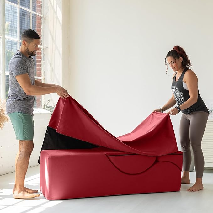 Avana Kami Convertible Chaise/Bed Bench for Yoga & Massage - 2-in-1 End of Bed Ottoman with Concealed Fold Out Yoga Lounge Chair, 22" Wide, Microvelvet Red