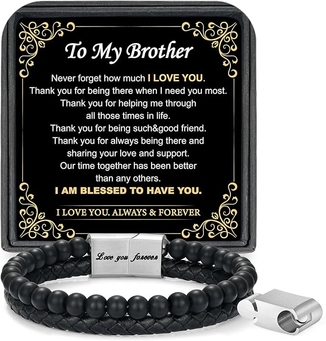 LUXEJEW Gifts for Men - Beaded Leather Bracelet 6mm Matte Agate Stone Bracelets for Men Dad Son Husband Boyfriend Grandpa Grandson Brother Uncle Nephew Adjustable Magnetic Clasp