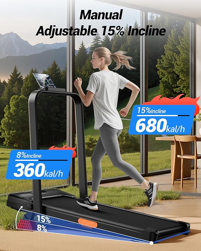 CURSOR FITNESS 15% Incline Walking Pad Treadmill with Handle Bar - 0.6-6.2MPH Quiet Foldable Treadmill for Home Office Under Desk 2.5HP Walking Pad with 300LBS Capacity