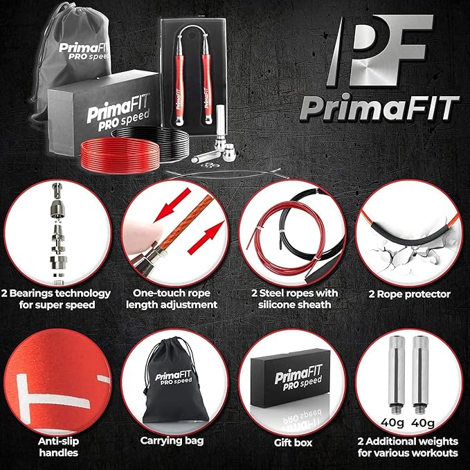 PrimaFIT Jump Rope Pro Speed Skipping Rope Adjustable Adult Jumping Rope Weighted Aluminium Handles for Double Dutch Boxing Workout Crossfit Exercise Fitness Spare Cable Weights Protectors Carry Bag