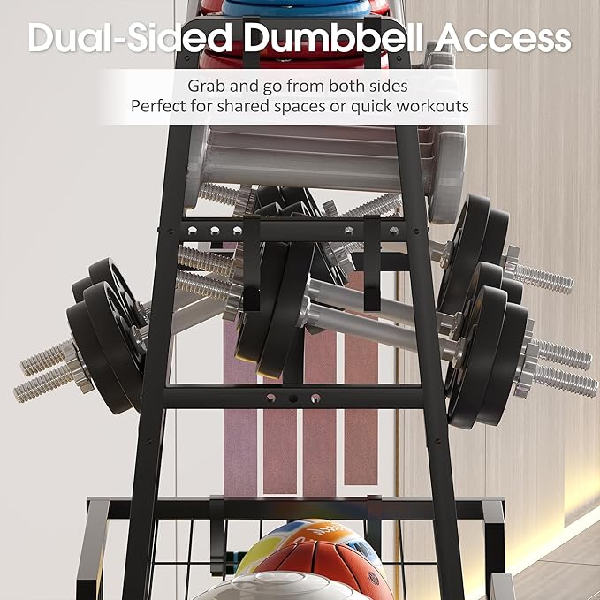 Dual-Sided Dumbbell Rack with Hooks & Wheels, Adjustable Home Gym Storage Rack for Dumbbells, Kettlebells, Balls, Yoga Mats, Ab Roller, Weight Rack Organizer for Workout Equipment
