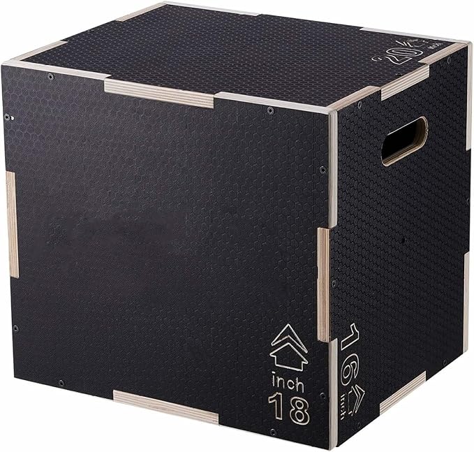 Plyometric Jump Box 3-in-1, 20/18/16 Inch Wooden Plyo Box for Fitness, Agility Training, Step Up Platform - Home Gym Equipment, Black