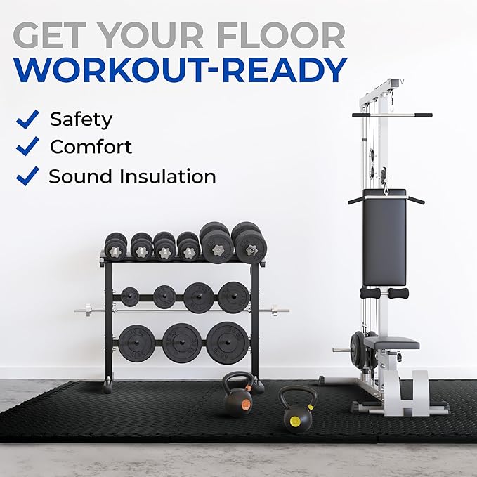 Puzzle Exercise Mat 1.25 in, EVA Interlocking Foam Floor Tiles for Home Gym, Mat for Home Workout Equipment, Floor Padding for Kids, Black, 24 in x 24 in x 1.25 in, 24 Sq Ft - 6 Tiles