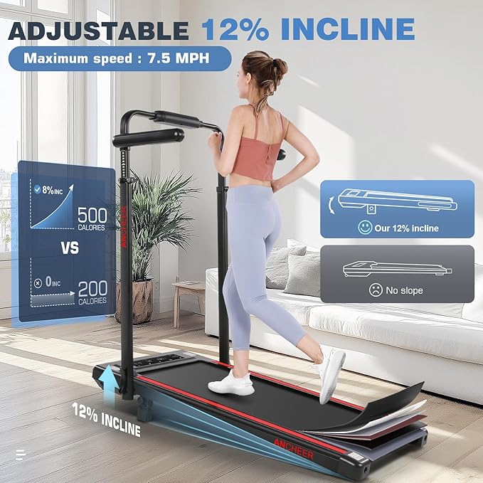 ANCHEER Treadmill with 12%/15% Incline, Folding Walking Pad with Handle Bar, 320-450lb Capacity Under Desk Foldable 3.5HP Treadmills for Home/Office/Gym,Installation-Free
