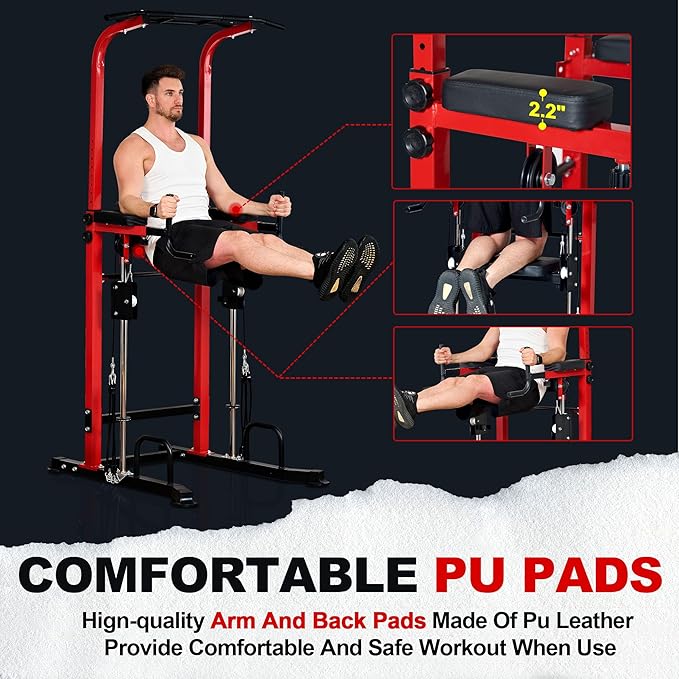 soges Power Tower Dip Station with Assisted Pad, Height Adjustable Pull Up Bar Station for Home Gym, Multi-Function Strength Training Full Body Workout Equipment, 330 Lbs, Red