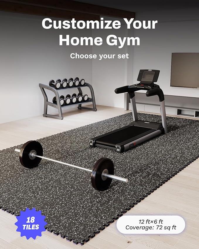AIRHOP 0.79in Thick 72 Sq Ft Exercise Equipment Mats, 18 Tiles Upgraded Rubber Top with High Density EVA Foam, Large Interlocking Puzzle Gym Flooring for Home Gym, Heavy Weight Workout,Black & White