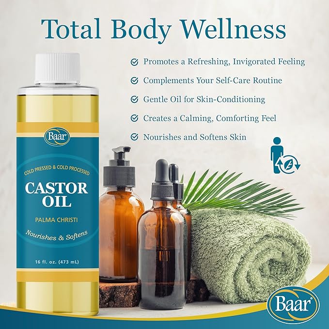 Baar Products Castor Oil - Cold Pressed - Hydrates Skin, Soothes Muscles & Joints, Moisturizes Body, and Renews Hair & Scalp - Hexane Free, 16 fl oz