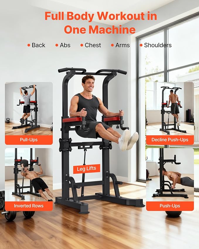 VEVOR Pull Up Bar, 330 LBS Power Tower Dip Station, Workout Dip Station with H-Shaped Stable Base & Assistance Platform, Adjustable 9 Level Height Pullup Stand for Back, 3-Level Adjustable Elbow Pads