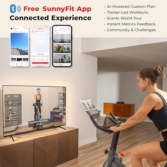 Sunny Health & Fitness Smart Magnetic Cycling Bike with Free SunnyFit App Connection, Stationary Indoor Cardio Exercise Equipment