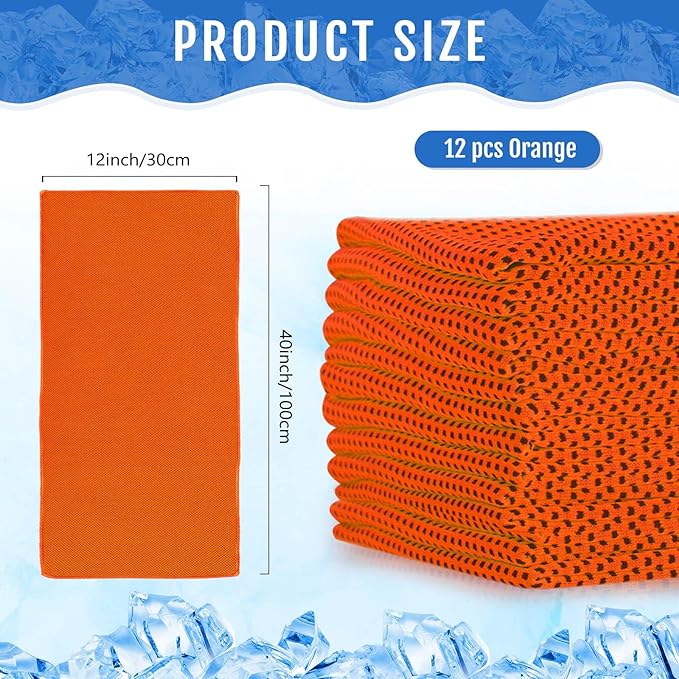 Hosuly 12 Pieces Cooling Towels for Hot Weather Soft Breathable Cold Towel Yoga Towels for Sweat, Sports, Workout, Fitness, Gym, Running, Travel Camping, 12 x 40 Inch (Orange)