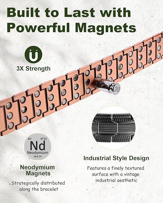 MagEnergy Copper Bracelet for Men, 3X Strength Magnetic Bracelet with 99.99% Pure Copper Ring & 3500 Gauss Magnets, Adjustable Length with Sizing Tool