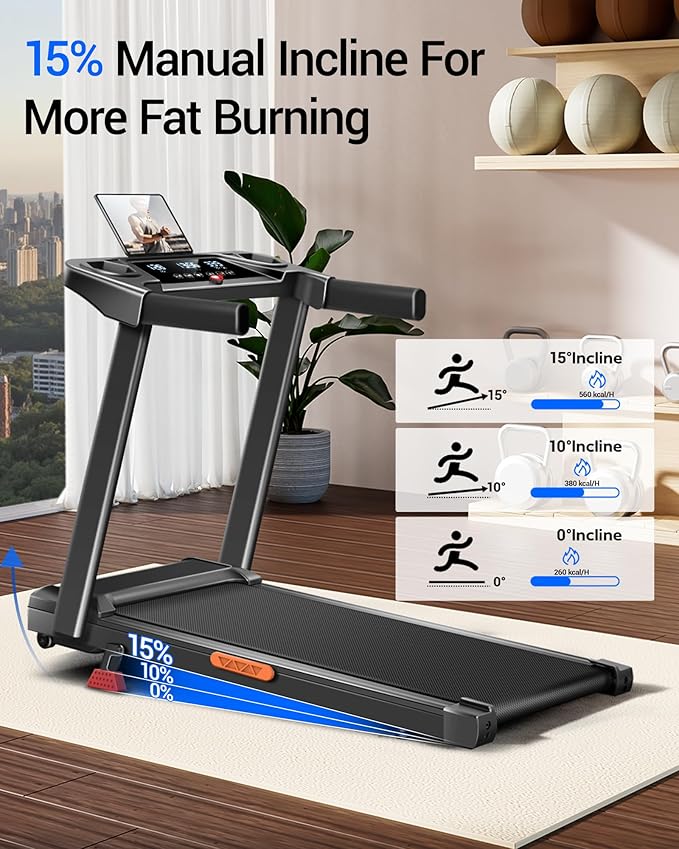 Treadmill with 15% Incline, 3-in-1 Portable Treadmills for Home and Office, Foldable Treadmill with Handles, 3.0HP Quiet Brushless Walking Pad Treadmill with Triple Display,300 LBS Weight Capacity