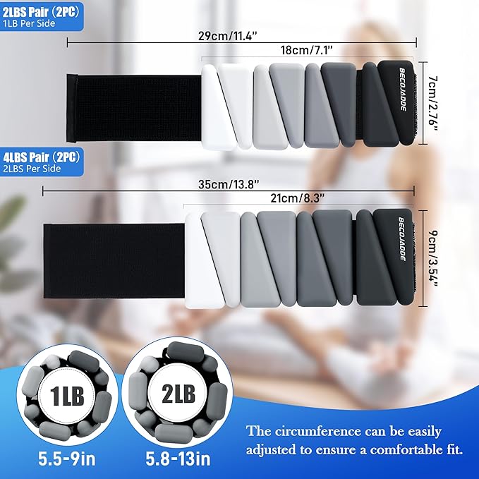 Ankle Weights for Women Wrist Weights Set of 2 (1 lb/2 lb Each) Adjustable Arm Leg Weight for Womens Men Suitable for Walking Swimming Running Pilates Yoga Gym