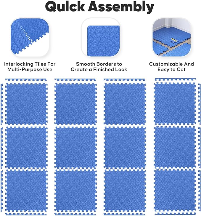 Home Gym Mat, Puzzle Exercise Mat, of EVA Interlocking Foam Floor Tiles for Home Workout Equipment and Kids' Play Areas - Blue, 24 in x 24 in x ½ in - 16 Tiles (Blue, 16 Pack 64 sq ft)