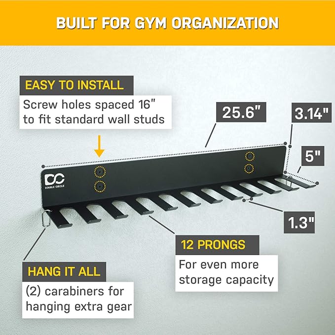 Double Circle Gym Storage Rack with 12 Hooks, Multi Purpose Gym Equipment Wall Rack Hanger for Pro Home Gym Storage for Exercise Bands, Barbell Bars, Jumprope (Hardware Included)