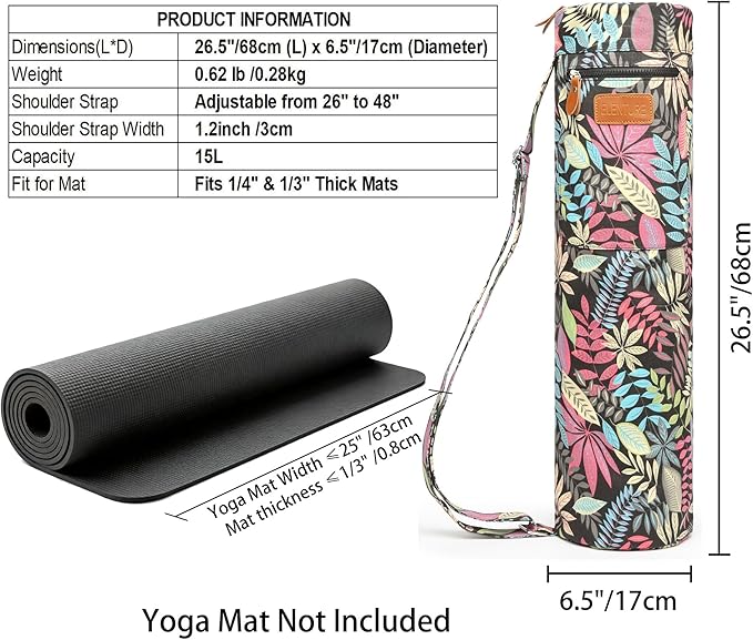 Canvas Yoga Mat Bag with Adjustable Strap & Pockets, Full-Zip Travel Gym Tote for Women & Men, Fits 1/4" & 1/3" Thick Mats, Lightweight Carrier for Yoga, Studio, Workout, Outdoor Use