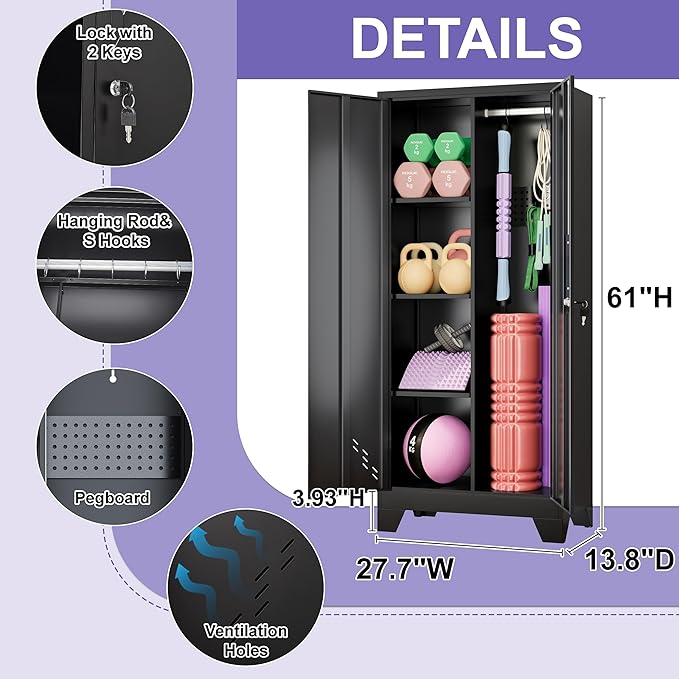 61IN Dumbbell Rack Cabinet, Weight Rack for Dumbbells, Home Gym Storage Cabinet for Kettlebells Yoga Mat and Balls, Workout Equipment Storage Organizer with Doors