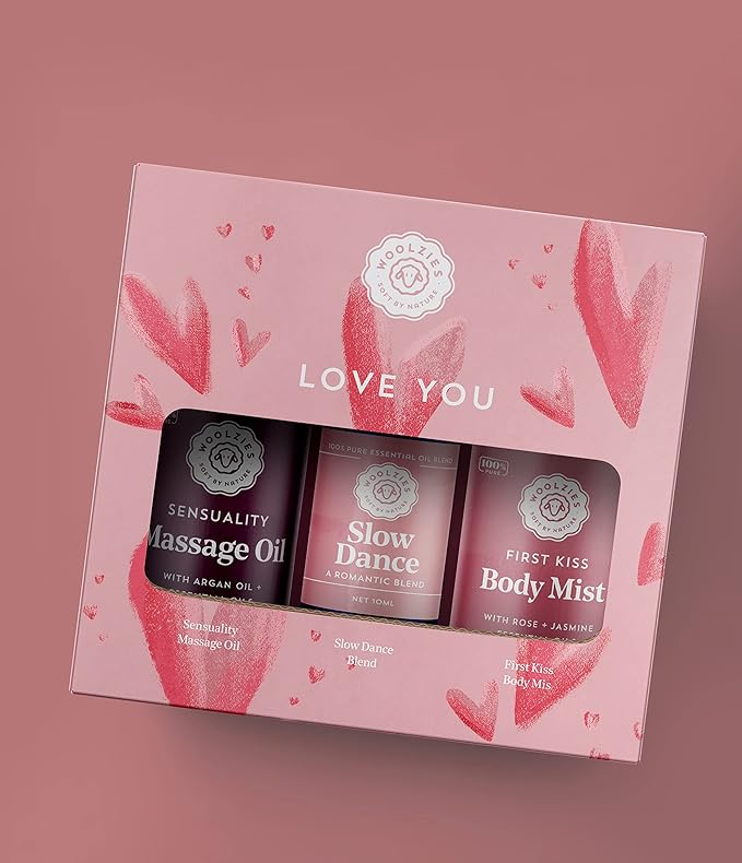 Love You Gift Set for Women, Massage & Essential Oils | Includes Sensuality Massage Oil, Slow Dance Romantic Essential Oil Blend, & First Kiss Body Mist