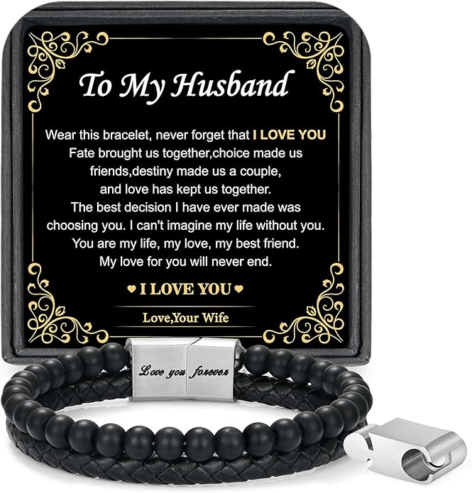 LUXEJEW Gifts for Men - Beaded Leather Bracelet 6mm Matte Agate Stone Bracelets for Men Dad Son Husband Boyfriend Grandpa Grandson Brother Uncle Nephew Adjustable Magnetic Clasp