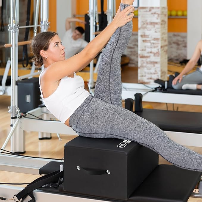 HolaHatha Wooden Pilates Box with Pole, High Density Padding, Portable Reformer & Home Gym Equipment for Balanced Workouts, 24"x15.8"x9", Black