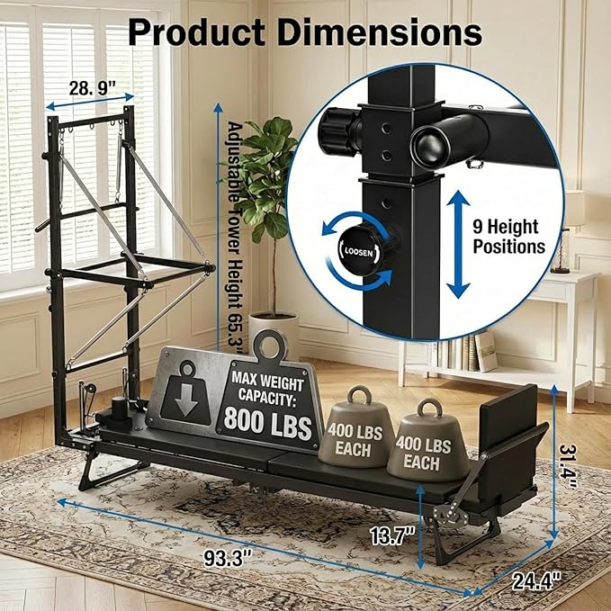 MAX3.0 Foldable 93" Pilates Reformer with Tower, Pilates Machine with Attachable Tower, Pilates Ring & Yoga Bands, Jumpboard, Dual Resistance Springs, Reformers for Home Workout, up to 800 lbs