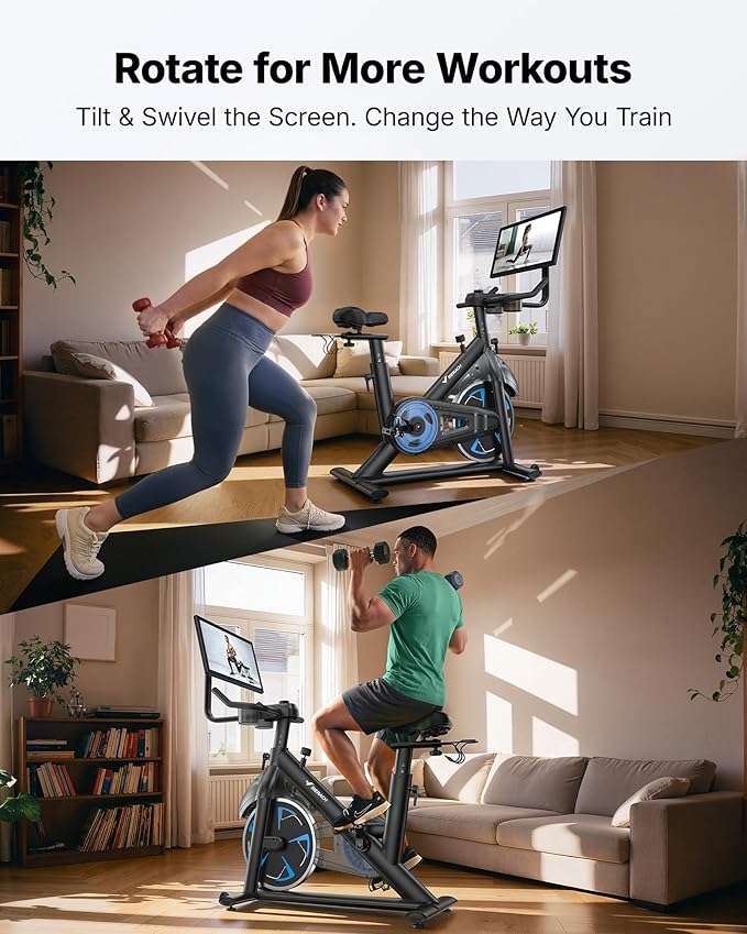 Merach Magnetic Exercise Bike, Low Noise Stationary Bike for Home with Comfortable Seat Cushion, Spinning Bike with 330 lb Weight Capacity, Exclusive App, Tablet Mount and Fitness Courses