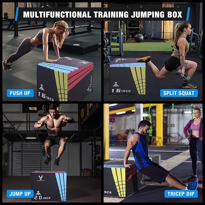 Modern-Depo 3 in 1 Plyometric Jump Box with High Density Foam | Fitness Plyo Box Jumps Height Adjustable 30/24/20, 24/20/16, 20/16/14, 1614/12 Inch for Home Gym, 440lb Weight Capacity