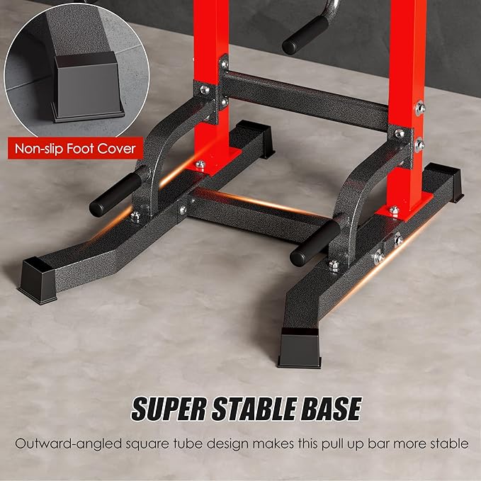 soges Pull Up Bar Dip Station, Power Tower with A Backrest, Adjustable Height Pull Up Bar Stand, Multi-Function Home Gym Strength Training,Red
