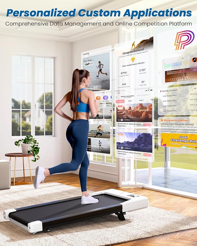 DeerRun Under Desk Walking Pad Treadmill with 6% Manual Incline, 0.6-3.8 MPH Walking Speed, 2.5 HP, 300 lb Capacity, App & Remote Control, for Home Office & Small Spaces