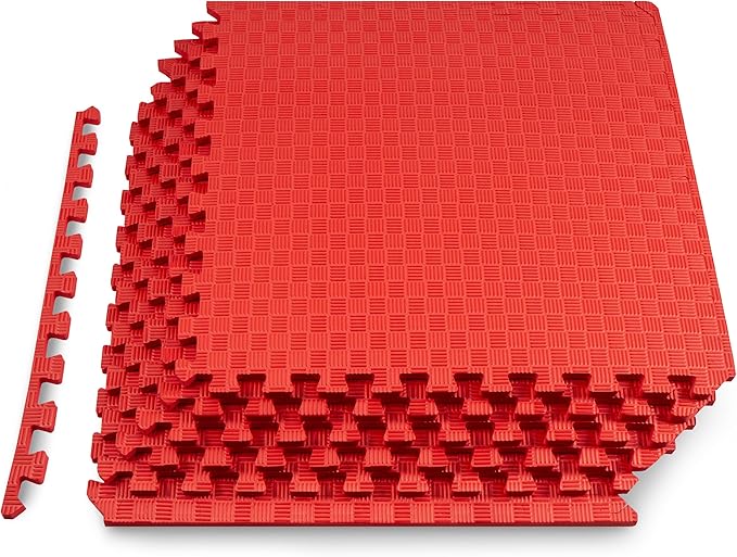 ProsourceFit Exercise Puzzle Mat ½-in, Checkered EVA Foam Floor Tiles w/Non-Slip Texture, Gym Mat w/Interlocking Foam Tiles for Adjustable Surface, Shock Absorbing, Waterproof Gym Flooring, Red