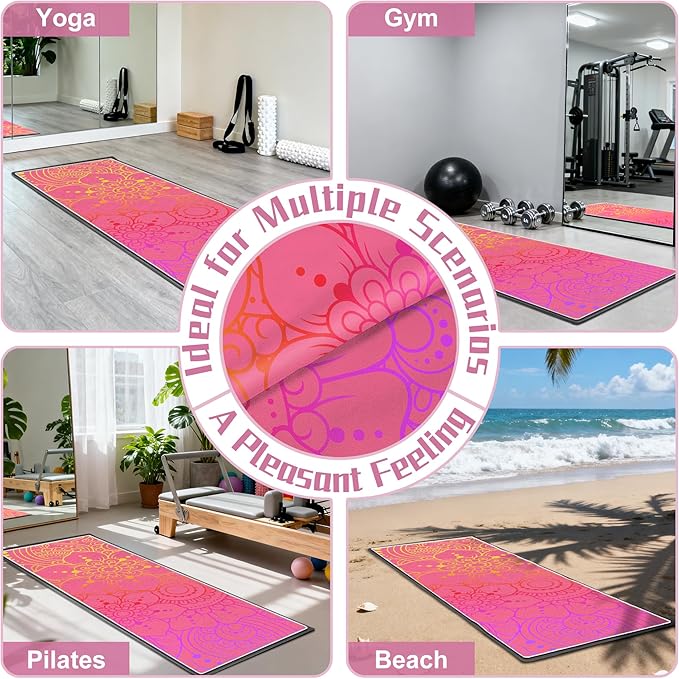 Yoga Towel,Absorbent Yoga Mat Towel for Hot Yoga Non Slip,Stylish Prints,Ideal for Workouts,Hot Yoga,Bikram,Pilates Equipment,72 x 27 in,Pink Flowers