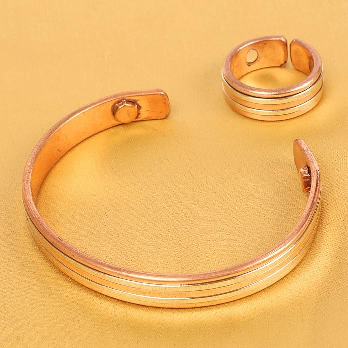 Handcrafted Copper Magnetic Hand Forged with Solid and High Gauge Tibetan Style Minimalistic Elegance Copper Bracelet and Matching Ring.
