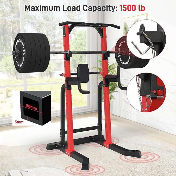 Outdoor Basic Power Tower, Pull Up Bar and Dip Station for Home Gym, 1500LBS Weight Capacity, Adjustable Height, Heavy Duty Steel Frame for Calisthenics, Strength Training Fitness Equipment