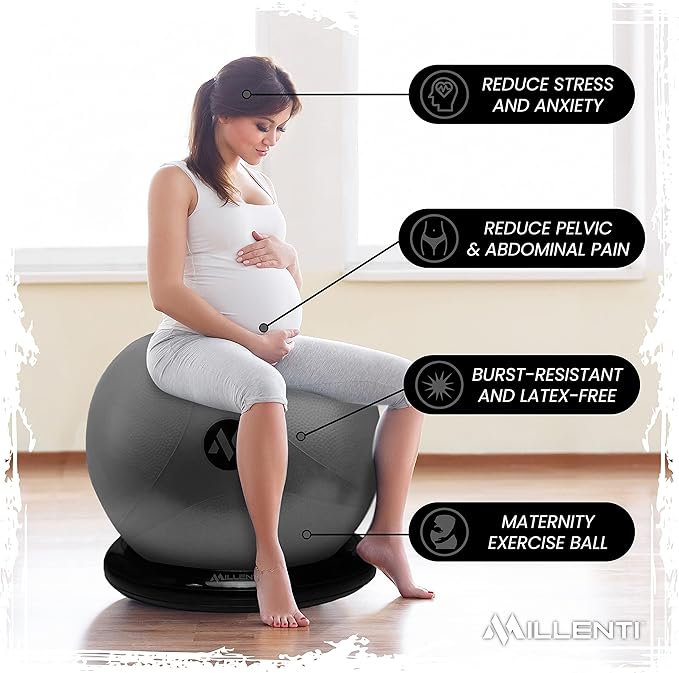 Millenti Exercise Ball Chair 65cm - Yoga Ball Chair Stability Base Ring Kit & Fitness Resistance Bands For Home, Gym Bundle, Pilates Ball, Office Chair, Birthing Ball For Pregnancy - With Workout Chart