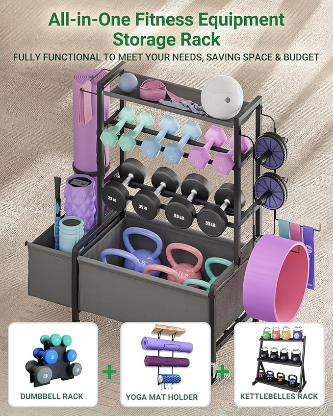 Dumbbell Rack, Adjustable 4-Tier Weight Rack Movable, Home Gym Organizer Up to 405 lb with Lockable Casters & Hooks, Workout Equipment Storage for Dumbbells, Kettlebells, Yoga Mats & Balls