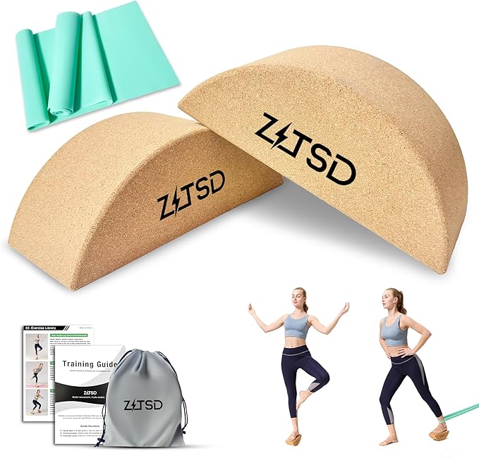 Half Moon Cork Balance Blocks Kit with 4-Week Training Plan for Foot & Ankle Stability, Calf Stretching, Balance Training & Lower Leg Exercise, Includes Resistance Band, Carry Bag & Exercise Guide