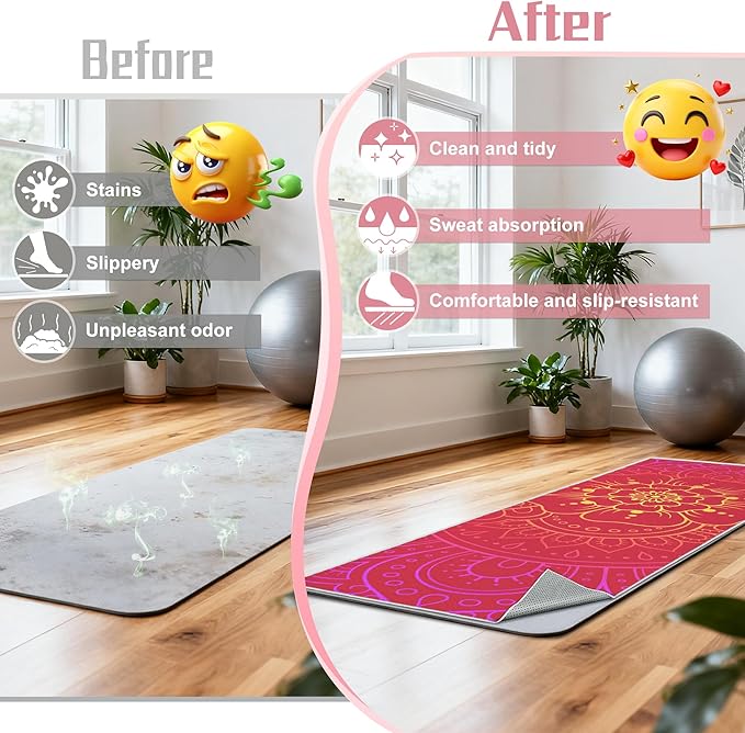 Yoga Towel,Absorbent Yoga Mat Towel for Hot Yoga Non Slip,Stylish Prints,Ideal for Workouts,Hot Yoga,Bikram,Pilates Equipment,72 x 27 in,Red Flowers