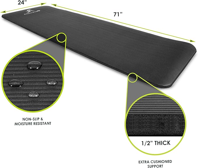 ProsourceFit 1/2 in Extra Thick Yoga Pilates Exercise Mat, Padded Workout Mat for Home, Non-Sip Yoga Mat for Men and Women, Black, 71 in x 24 in