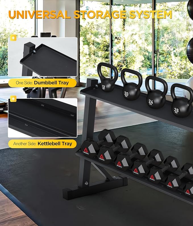 2-Tier Dumbbell Kettlebell Rack, Heavy Duty Steel Frame, 48 x 17.5 x 27.5 Inches, 1000 lbs Weight Capacity, for Kettlebell and Free Weight Storage, Home Gym Organization