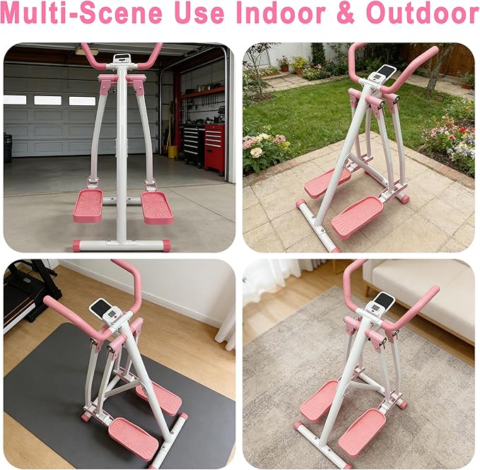 Elliptical Machine Glider - Foldable Cardio Cross Trainer for Home, Exercise Machine with LCD Display, Low-Impact Full-Body Workout Equipment for Small Spaces, Leg and Arm Exercise Machine, Pink
