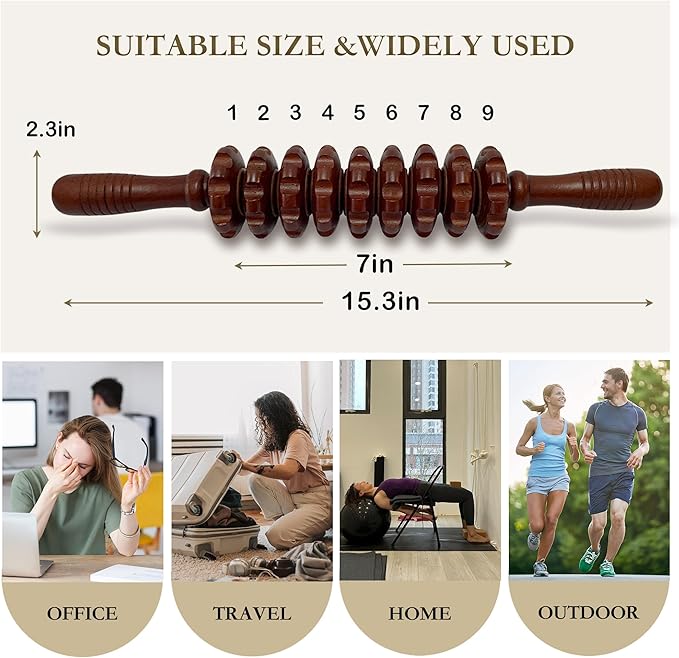 Wood Therapy Massage Roller Stick with Release Myofascial Trigger Points, Massager Tool for Cellulite Reduction, Muscle Tension and Lymphatic Drainage Physical Therapy Recover (Brown)