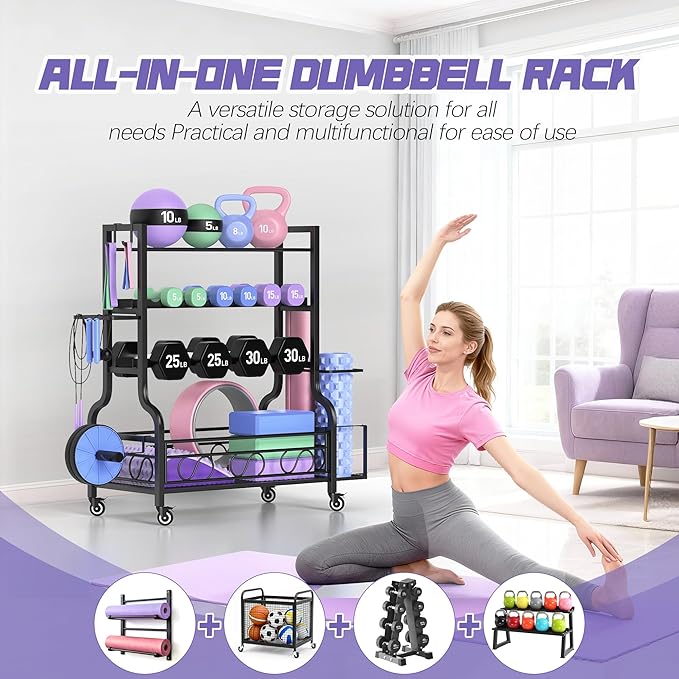 PARTPHONER Adjustable Dumbbell Rack, Weight Rack for Home Gym Storage, Home Gym Storage for Stores Dumbbells, Kettlebells and Yoga Mats, All in One Workout Storage Racks with Wheels and Hooks, Durable Powder Coated Steel
